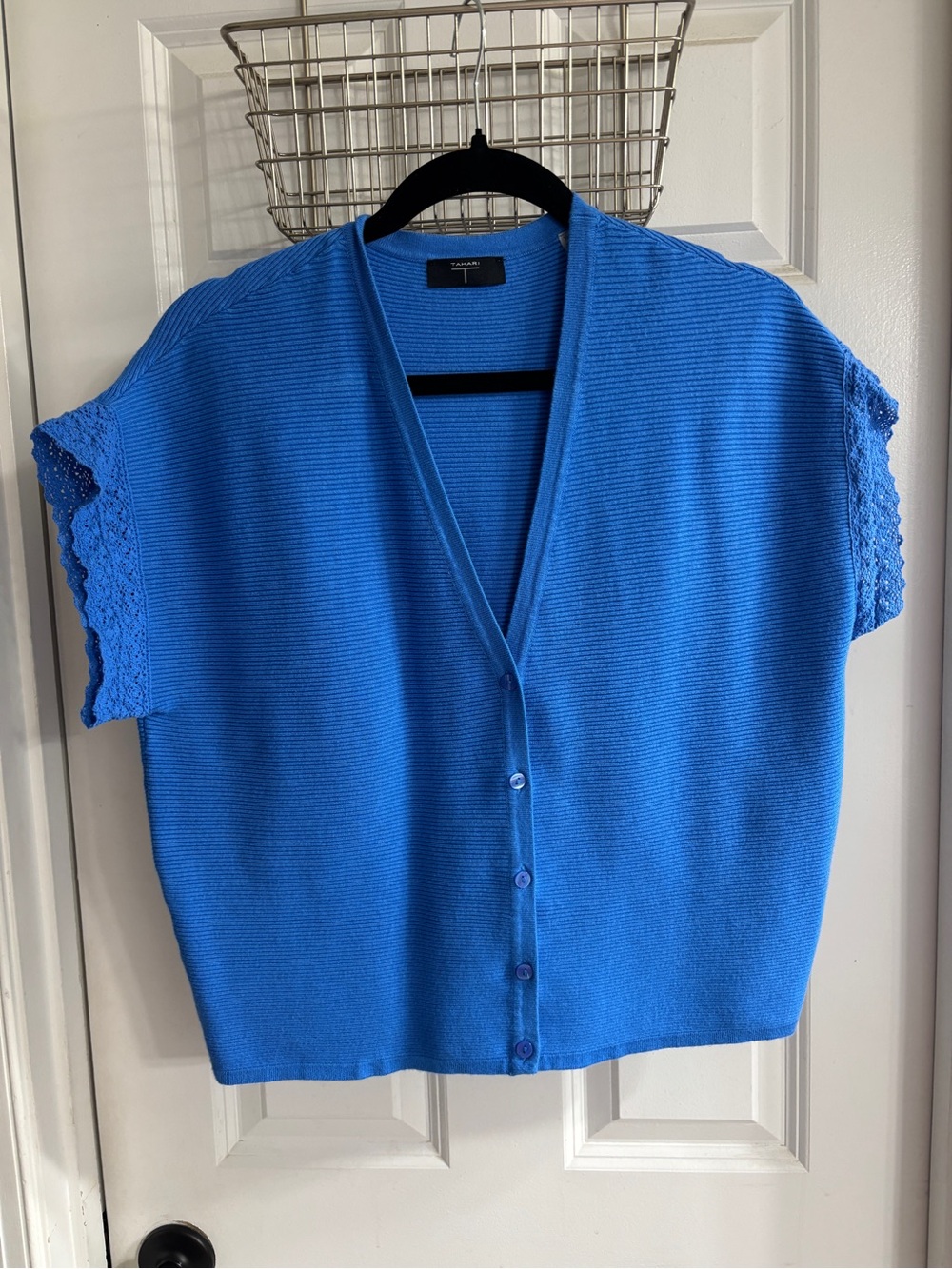 Tahari Cobalt Blue Short-Sleeve Button Cardigan with Crochet Trim